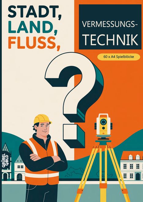 "STADT, LAND, FLUSS, VERMESSUNGSTECHNIK, 60 x A4 Spielblöcke." Ein Bauarbeiter steht neben einem Vermessungsgerät.