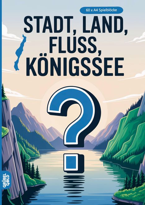 Text: "60 x A4 Spielblöcke", "STADT, LAND, FLUSS, KÖNIGSSEE". Illustration: Fragezeichen in Berglandschaft mit See.