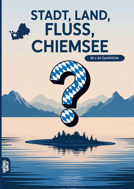 "STADT, LAND, FLUSS, CHIEMSEE". Illustration mit See, Bergen und Fragezeichen in Rautenmuster.