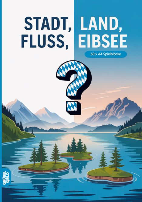 "STADT, LAND, FLUSS, EIBSEE", Illustration mit Bergen und einem See im Hintergrund, mit kleinen Inseln im Wasser.