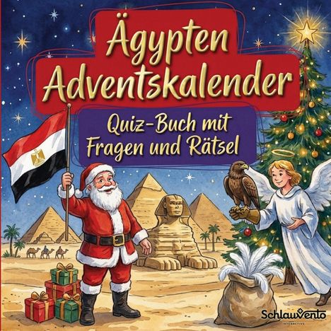"Ägypten Adventskalender. Quiz-Buch mit Fragen und Rätsel." Weihnachtsmann, Engel, Pyramiden, Sphinx, Weihnachtsbaum.