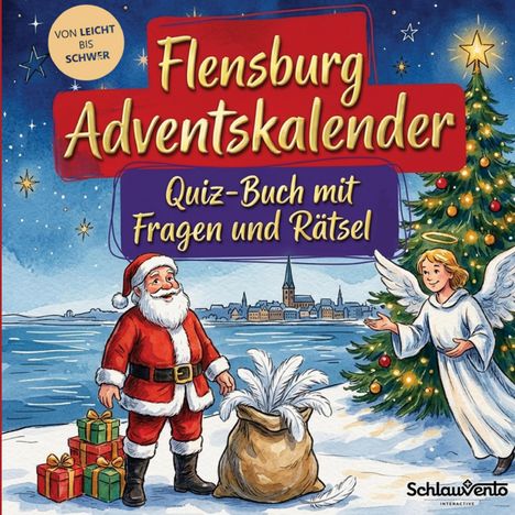 "Flensburg Adventskalender: Quiz-Buch mit Fragen und Rätseln. Illustration mit Weihnachtsmann, Engel und geschmücktem Baum."