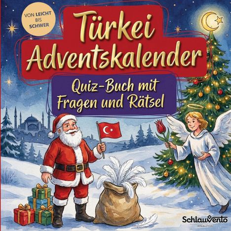 "Türkei Adventskalender: Quiz-Buch mit Fragen und Rätsel. Von leicht bis schwer. Santa mit türkischer Flagge, Engel."