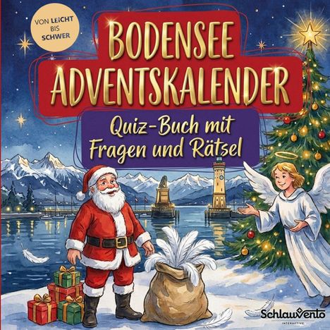 "Bodensee Adventskalender: Quiz-Buch mit Fragen und Rätsel. Von leicht bis schwer." 

Ein Weihnachtsmann, ein Engel und ein Tannenbaum vor einem winterlichen See mit Bergen im Hintergrund.