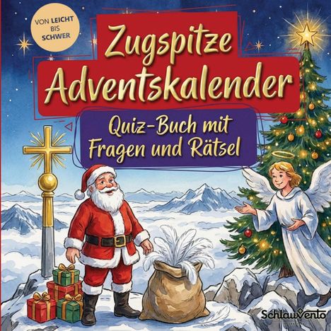 "Zugspitze Adventskalender. Quiz-Buch mit Fragen und Rätsel." Illustration: Weihnachtsmann und Engel auf Berggipfel.