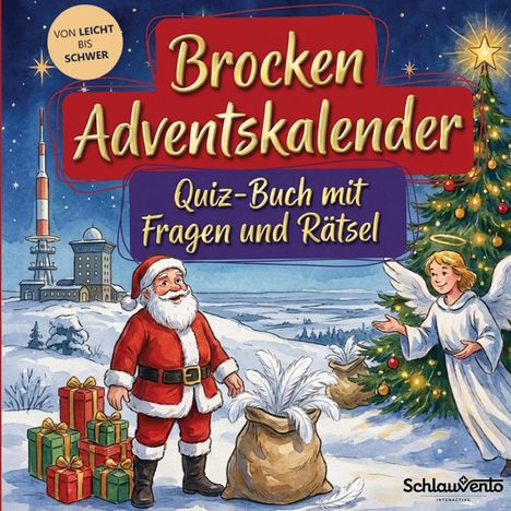 „Brocken Adventskalender“, „Quiz-Buch mit Fragen und Rätsel“. Illustration mit Weihnachtsmann, Engel und Geschenken im Schnee.