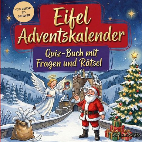 „Eifel Adventskalender - Quiz-Buch mit Fragen und Rätseln“, Engel gibt Weihnachtsmann ein Buch vor einer Burg.