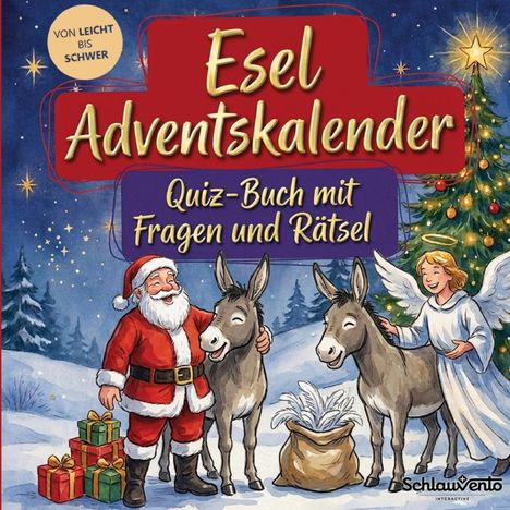 „Esel Adventskalender: Quiz-Buch mit Fragen und Rätsel.“ Illustration: Weihnachtsmann, zwei Esel, ein Engel und Geschenke.