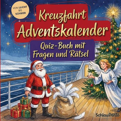 „Kreuzfahrt-Adventskalender. Quiz-Buch mit Fragen und Rätsel.“ Santa, Geschenke, Engel, Weihnachtsbaum auf einem Schiff.