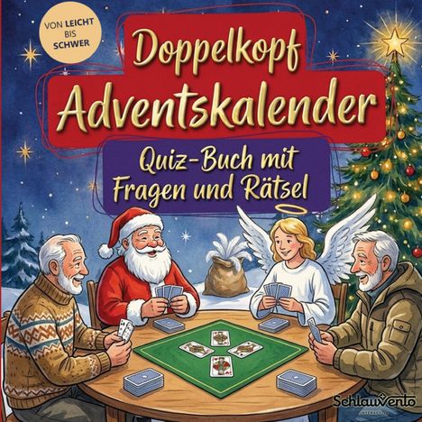 „Doppelkopf Adventskalender. Quiz-Buch mit Fragen und Rätsel.“ Ein Weihnachtsmann, ein Engel und zwei Männer spielen Karten.