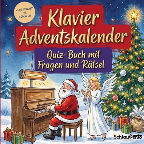 "Klavier Adventskalender: Quiz-Buch mit Fragen und Rätsel" steht über einem Weihnachtsmann am Klavier mit Engel und Weihnachtsbaum.