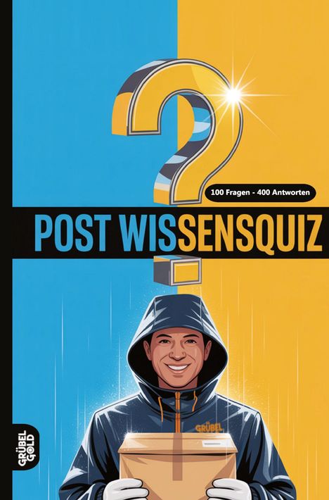 "POST WISSENSQUIZ"; "100 Fragen - 400 Antworten." Illustration: Person in Regenjacke hält Paket, großer Fragezeichen-Hintergrund.