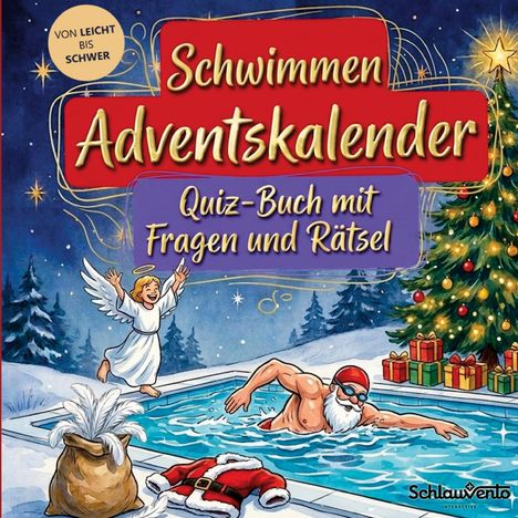 "Schwimmen Adventskalender. Quiz-Buch mit Fragen und Rätsel." Ein Engel und ein schwimmender Weihnachtsmann im Pool.