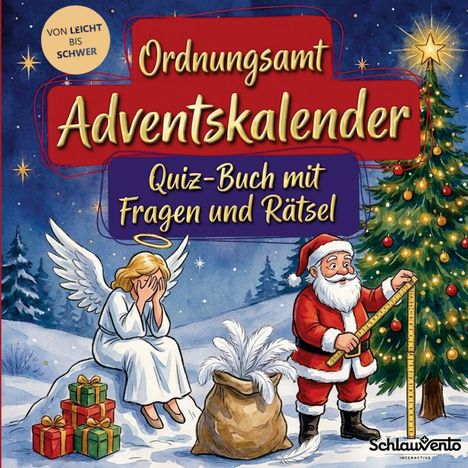 "Ordnungsamt Adventskalender. Quiz-Buch mit Fragen und Rätsel." Ein Engel sitzt frustriert, während ein Weihnachtsmann misst.