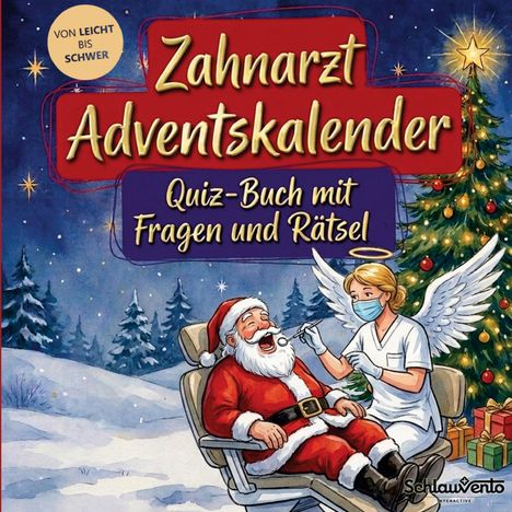 "Zahnarzt Adventskalender: Quiz-Buch mit Fragen und Rätsel" steht über einem weihnachtlichen Bild mit Santa beim Zahnarzt.