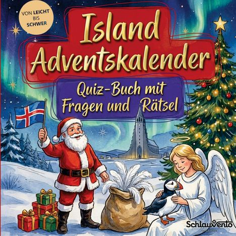 "Island Adventskalender: Quiz-Buch mit Fragen und Rätsel." Weihnachtsmann, Engel, isländische Flagge, Geschenke, Schnee.