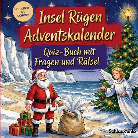 "Insel Rügen Adventskalender, Quiz-Buch mit Fragen und Rätsel." Illustration: Santa am Strand, Engel, Geschenke, Baum.