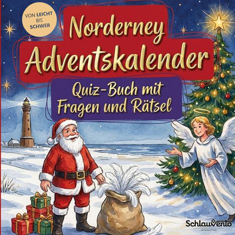 Text: „Norderney Adventskalender. Quiz-Buch mit Fragen und Rätsel.“ Illustration eines Weihnachtsmanns und Engels am Strand.