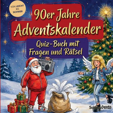 „90er Jahre Adventskalender: Quiz-Buch mit Fragen und Rätseln“. Illustration: Weihnachtsmann mit Geschenken und ein Engel.