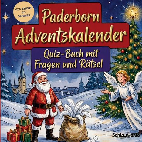 „Paderborn Adventskalender: Quiz-Buch mit Fragen und Rätsel“. Weihnachtsmann mit Geschenken und Engel nahe einem Baum.
