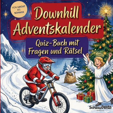 Downhill Adventskalender: Quiz-Buch mit Fragen und Rätsel. Ein Weihnachtsmann fährt Rad, Engel jubelt, Geschenke unter Baum.
