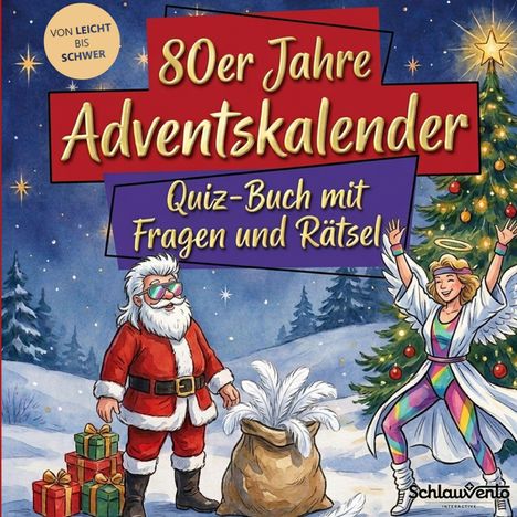 80er Jahre Adventskalender, Quiz-Buch mit Fragen und Rätsel. Illustration mit Weihnachtsmann und Engel vor einem Baum.