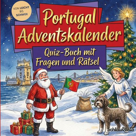 „Portugal Adventskalender. Quiz-Buch mit Fragen und Rätsel.“ Illustration: Weihnachtsmann, Engel, Hund, Geschenke.