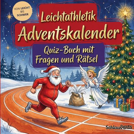 „Leichtathletik Adventskalender: Quiz-Buch mit Fragen und Rätsel“. Weihnachtsmann läuft, Engel jubelt, Tannenbaum.