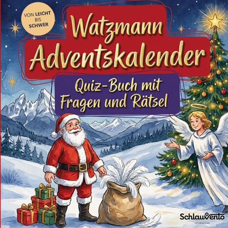 "Watzmann Adventskalender: Quiz-Buch mit Fragen und Rätsel." Illustration: Weihnachtsmann, Engel, Schnee, Geschenke, Baum.