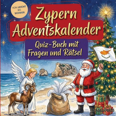 „Zypern Adventskalender. Quiz-Buch mit Fragen und Rätsel.“ Engel mit Widder, Weihnachtsmann mit Zypern-Flagge am Strand.
