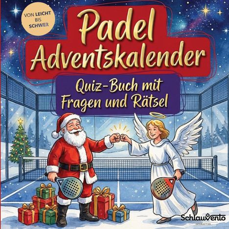 Text: "Padel Adventskalender - Quiz-Buch mit Fragen und Rätsel." Ein Weihnachtsmann und Engel geben sich einen Fauststoß.