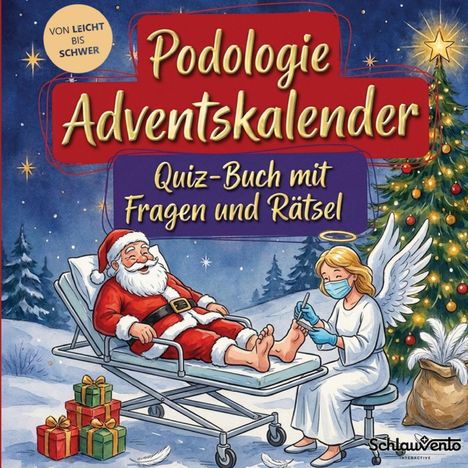 "Podologie Adventskalender. Quiz-Buch mit Fragen und Rätsel." Illustration von Weihnachtsmann auf einer Liege, Engel pflegt seine Füße.