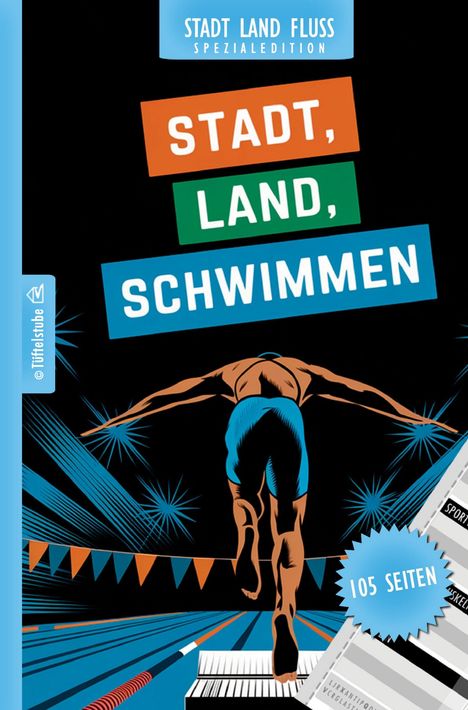 **STADT LAND FLUSS SPEZIALEDITION:** "STADT, LAND, SCHWIMMEN"; Illustration eines Schwimmers beim Sprung ins Becken.