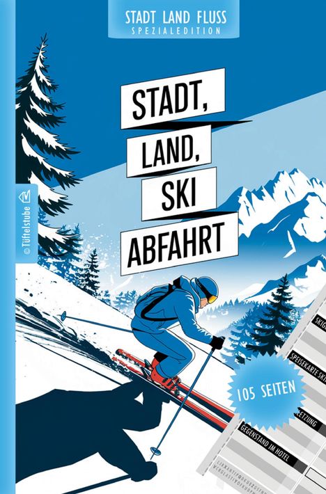 Text: "Stadt, Land, Ski Abfahrt", "105 Seiten". Illustration: Skifahrer den Hang hinunter, Berge im Hintergrund.