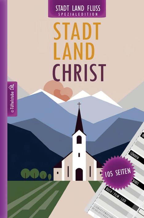 Text: "STADT LAND FLUSS SPEZIALEDITION. STADT LAND CHRIST. 105 SEITEN." Illustration einer Kirche vor Bergen.