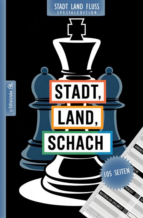 Text: "STADT, LAND, SCHACH", "STADT LAND FLUSS SPEZIALEDITION", "105 SEITEN". Schachfiguren-Illustration.
