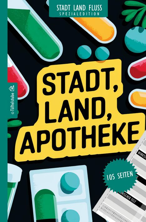 "STADT, LAND, APOTHEKE" auf gelbem Hintergrund, eingekreist von bunten Pillen und einem grünen Bereich mit "STADT LAND FLUSS SPEZIALEDITION".
