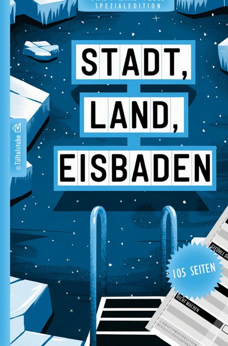 "Stadt, Land, Eisbaden" in großen Buchstaben, 105 Seiten. Illustration mit Eisblöcken und einer Leiter ins Wasser.