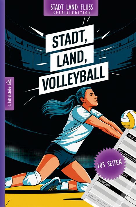 „STADT, LAND, VOLLEYBALL“, Illustration einer Volleyballspielerin, kniend, mit einem Ball. Text „105 Seiten“.