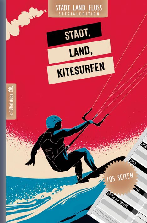 „Stadt, Land, Kitesurfen“, „Stadt Land Fluss Spezialedition“, „105 Seiten“. Illustration eines Kitesurfers auf Wellen.