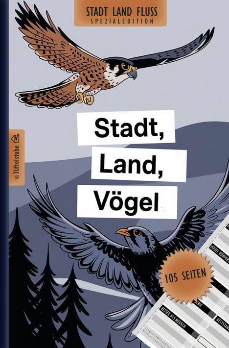 Text: "Stadt, Land, Vögel", "105 Seiten". Illustration mit zwei fliegenden Vögeln und schwarzen Bäumen im Hintergrund.