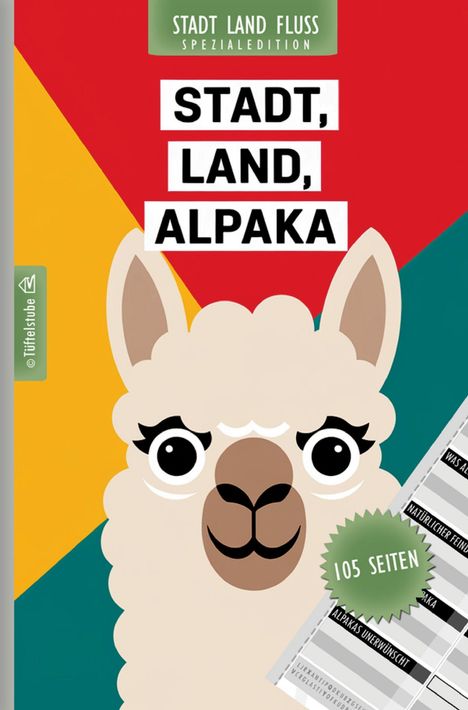 Text: "STADT, LAND, ALPAKA", "105 SEITEN"

Illustration eines Alpaka-Gesichts auf buntem Hintergrund.