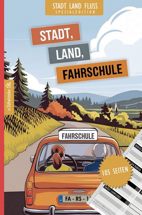 "Stadt, Land, Fahrschule" auf farbigem Hintergrund; Illustration von Auto auf Landstraße, blauer Himmel, Bäume.