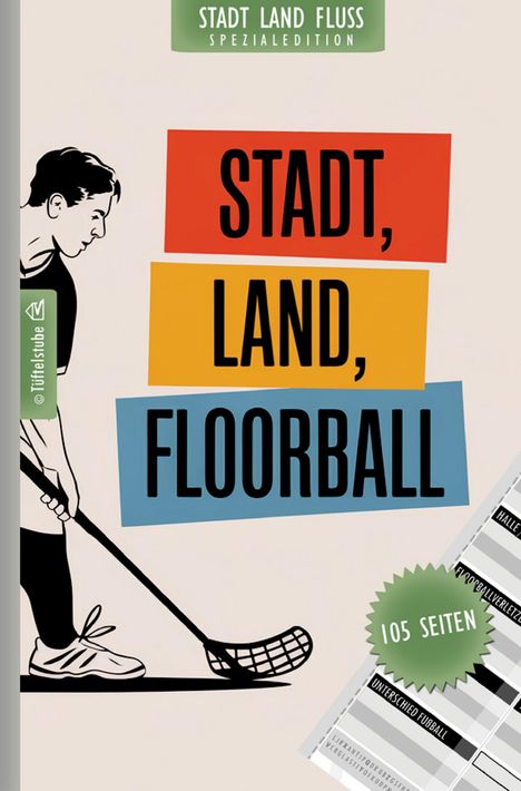 Stadt, Land, Floorball. Illustration eines Spielers mit Schläger. "STADT LAND FLUSS SPEZIALEDITION". 105 Seiten Hinweis.