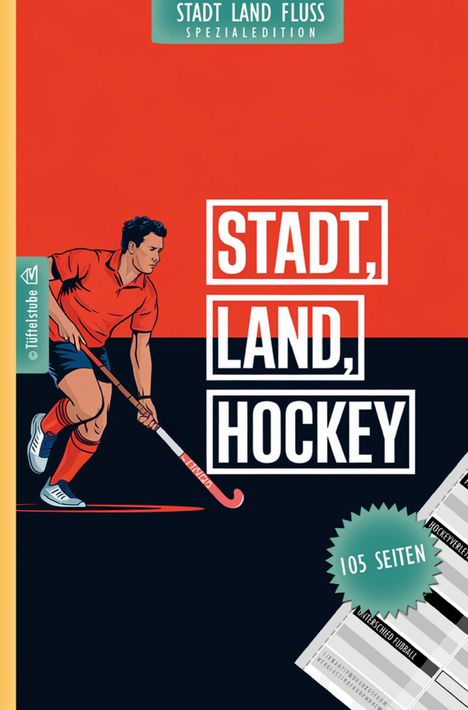 Text: "STADT, LAND, HOCKEY", "STADT LAND FLUSS SPEZIALEDITION", "105 SEITEN". Illustration: Person mit Hockeyschläger.