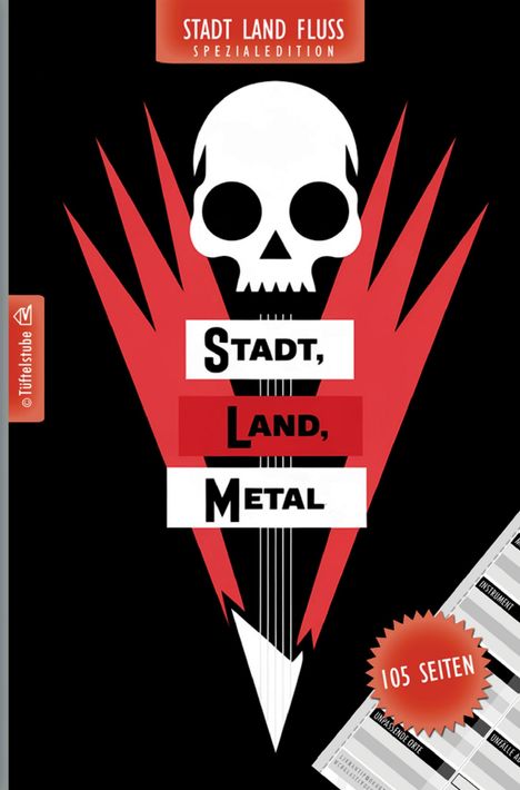 Text: "STADT LAND FLUSS SPEZIALEDITION", "Stadt, Land, Metal", "105 SEITEN".  
Ein Totenkopf auf roten Blitzen, Gitarrensaiten darunter.
