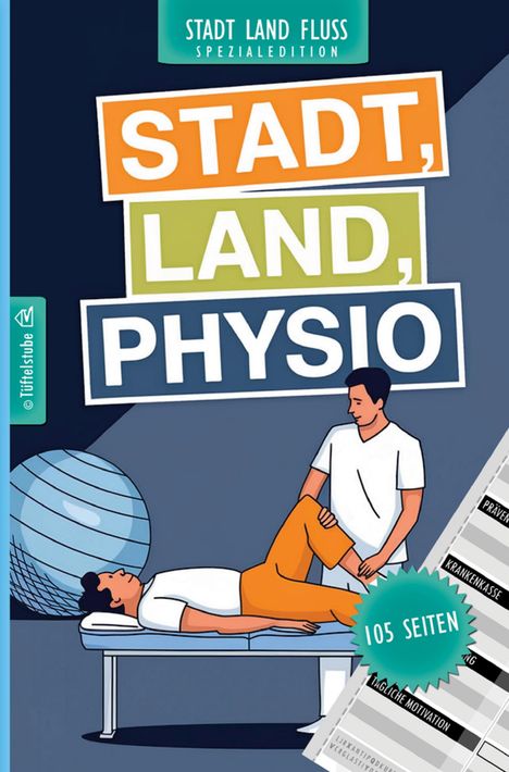 "Stadt Land Fluss Spezialedition", "Stadt, Land, Physio", "105 Seiten". Illustration: Physiotherapeut behandelt Patient.