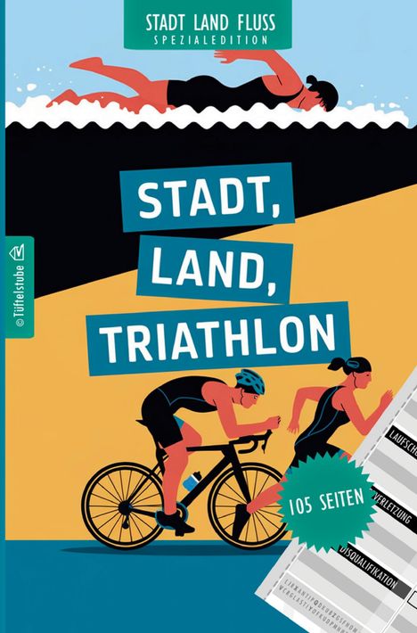 „Stadt, Land, Triathlon“, „105 Seiten“. Illustration: Schwimmer, Radfahrer, Läufer auf farbigem Hintergrund.