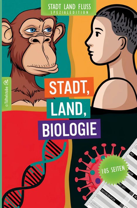 „STADT LAND FLUSS SPEZIALEDITION“ und „STADT, LAND, BIOLOGIE“ auf buntem Hintergrund mit Affe und Mensch.