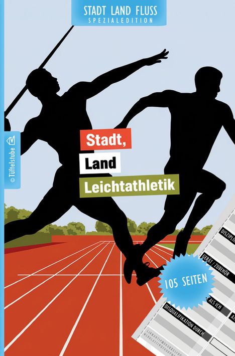 Text: Stadt, Land, Leichtathletik, 105 Seiten.  
Illustration: Zwei Sportler in Silhouetten auf einer Laufbahn.